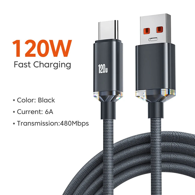120W 6A Fast Charge USB Type C Quick Charge Cable black For Smartphones