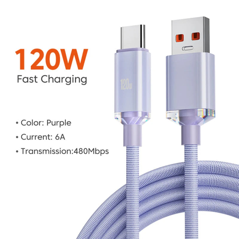 120W 6A Fast Charge USB Type C Quick Charge Cable purple For Smartphones